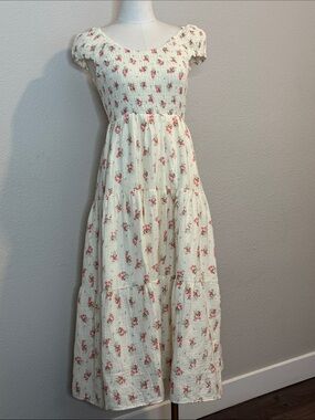 Cream Maxi Dress with Pink Floral Print and Smocked Bodice